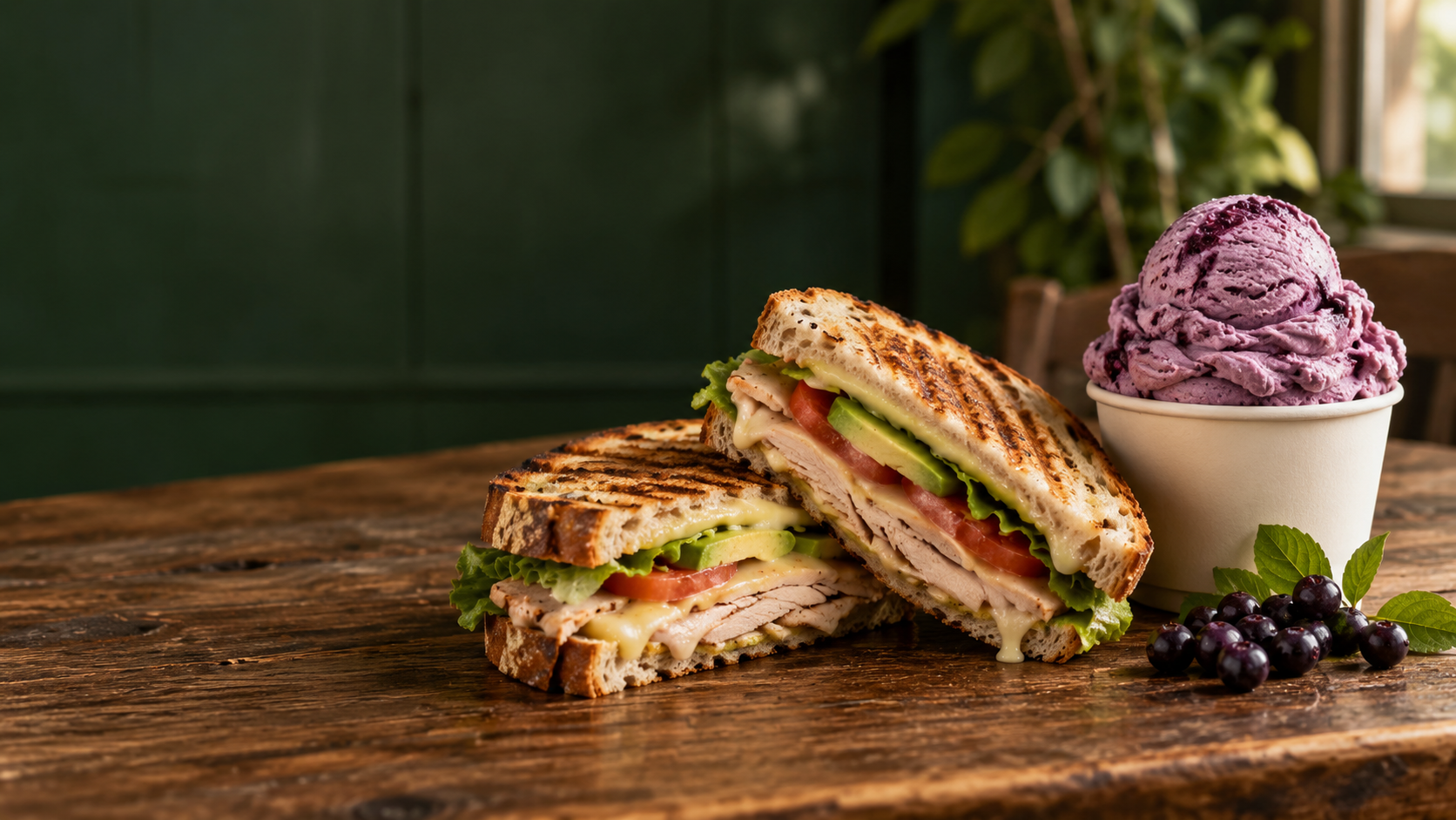 Hot pressed turkey avocado panini with huckleberry real fruit ice cream